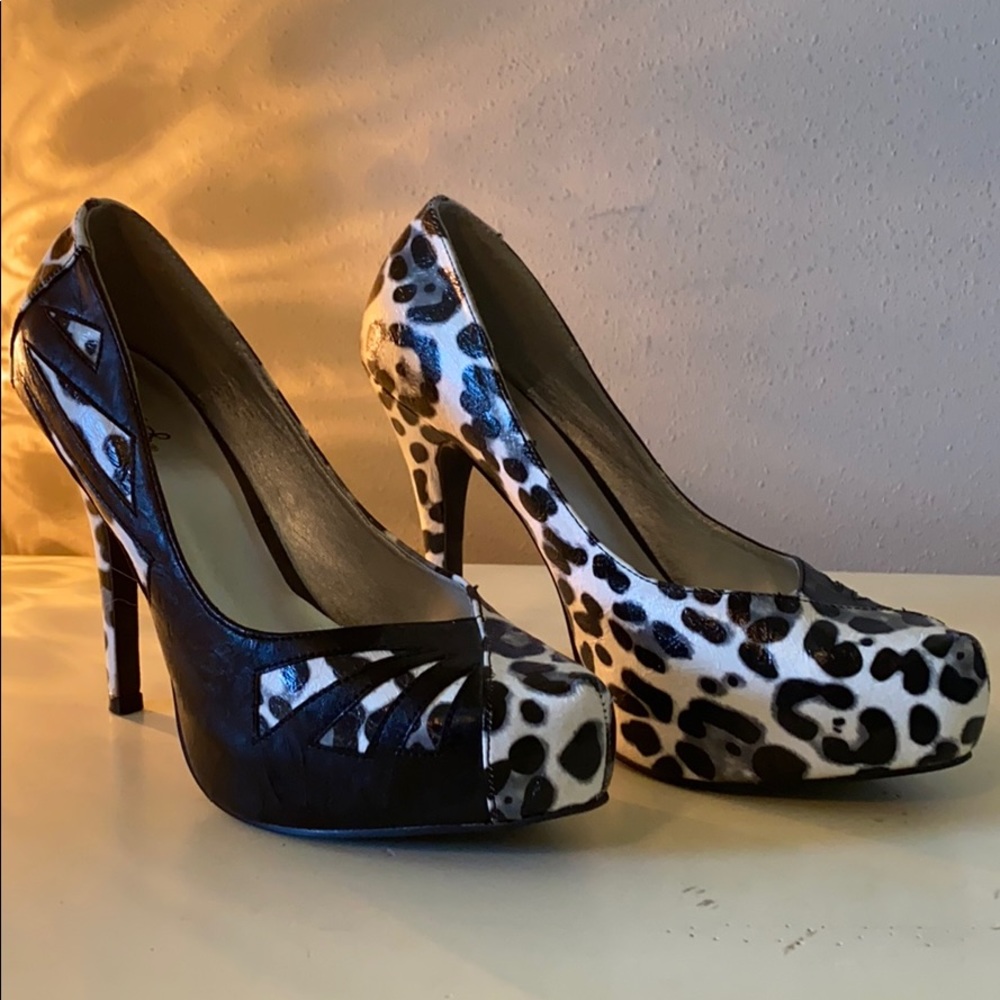 Black and white leopard print heels